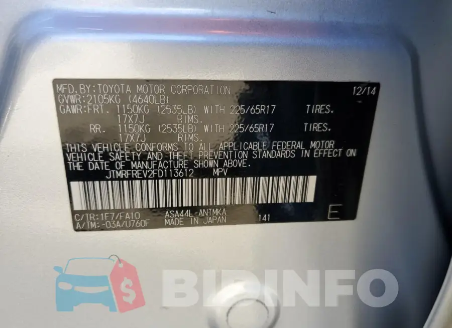JTMRFREV2FD113612 Photo# 13