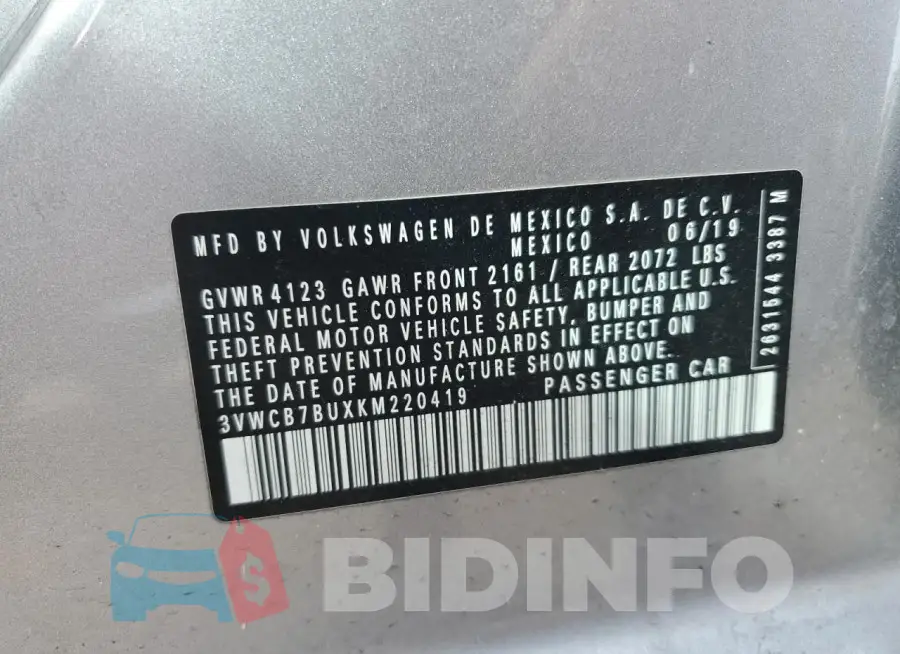 3VWCB7BUXKM220419 Photo# 12