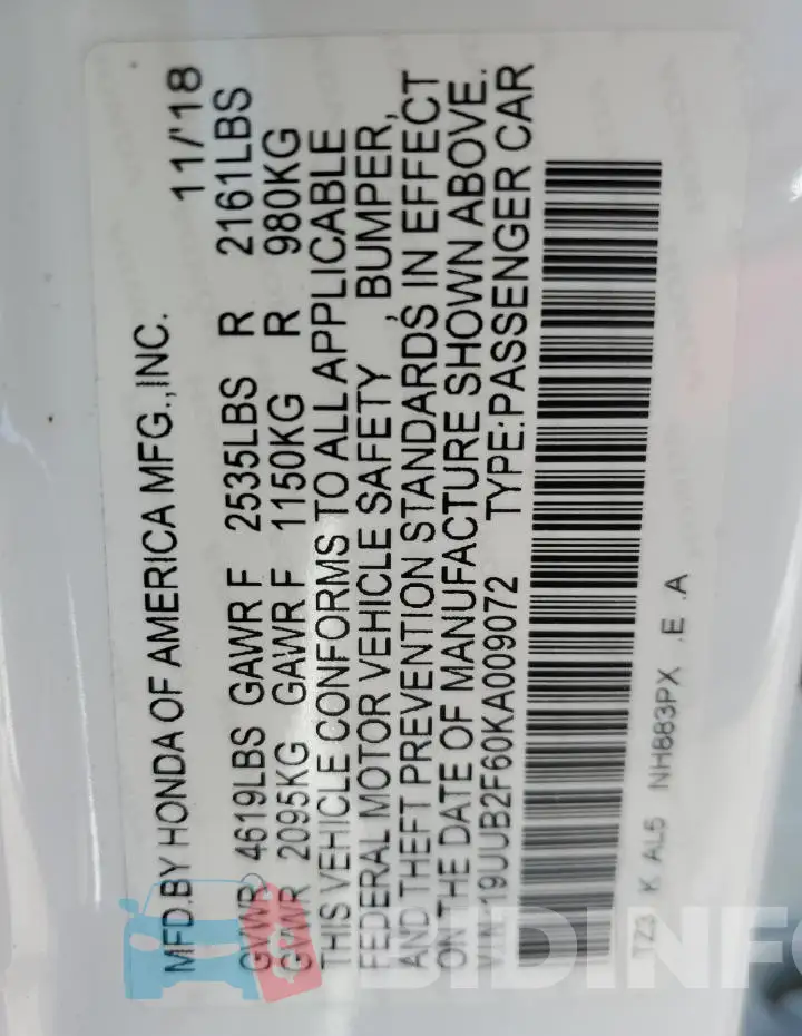 19UUB2F60KA009072 Photo# 12