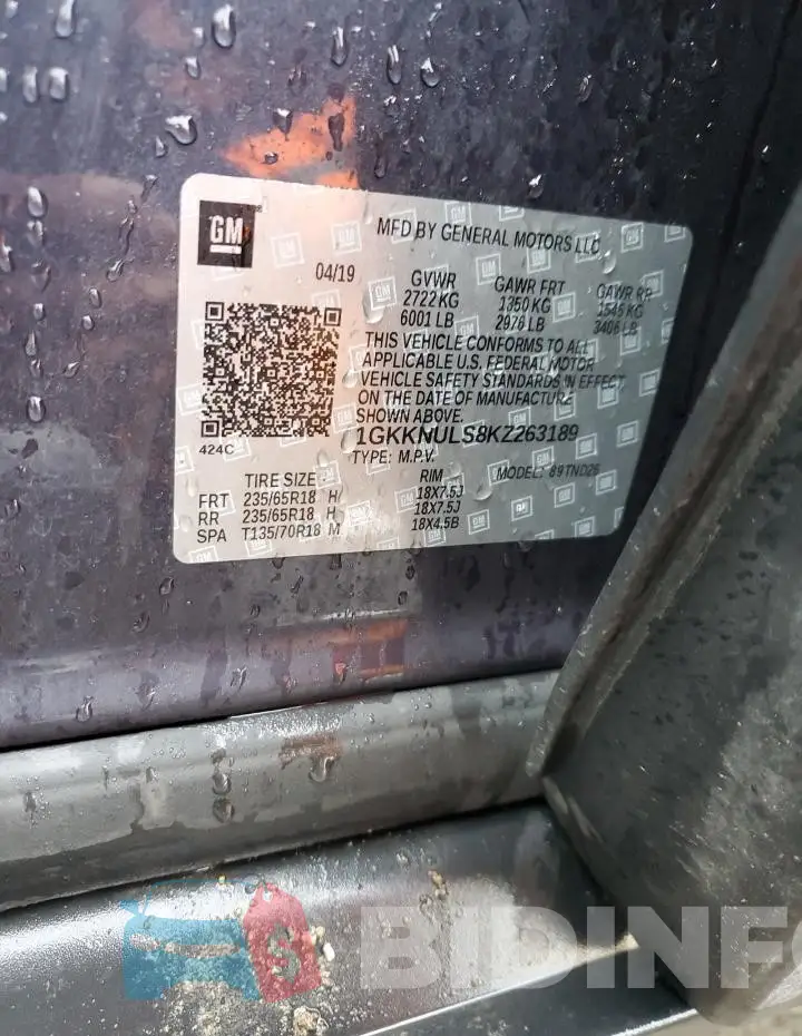 1GKKNULS8KZ263189 Photo# 13