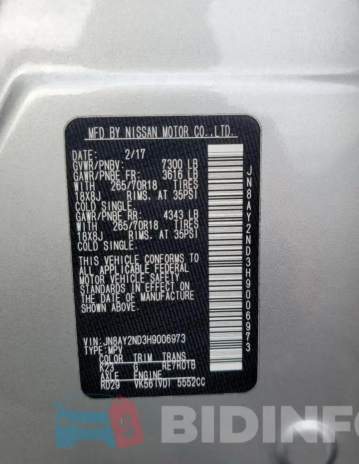 JN8AY2ND3H9006973 Photo# 13