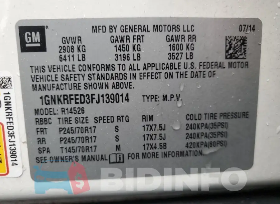 1GNKRFED3FJ139014 Photo# 14