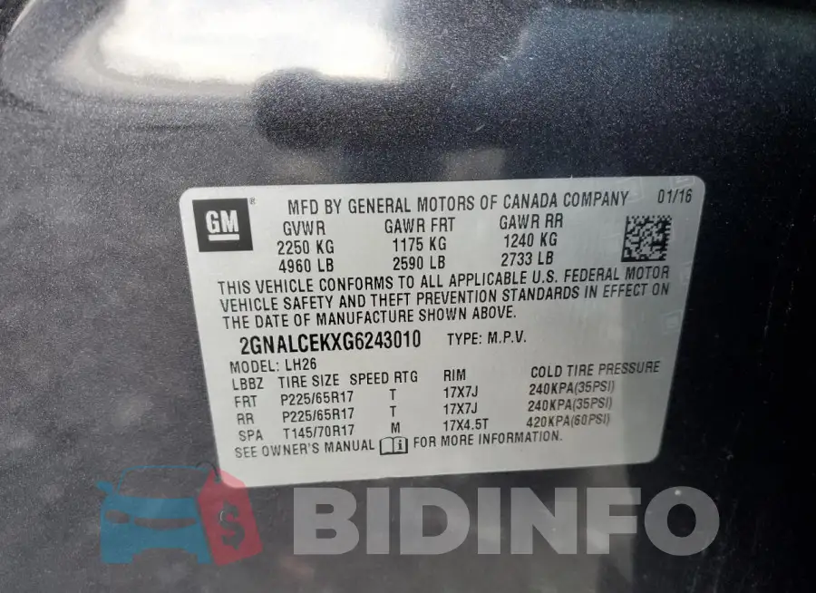 2GNALCEKXG6243010 Photo# 12