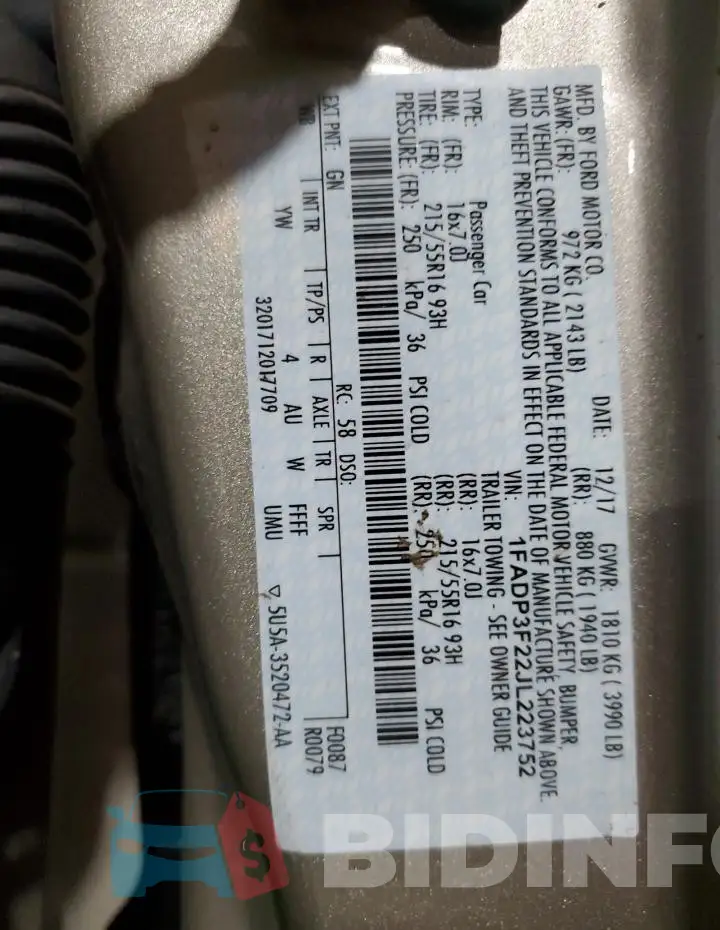 1FADP3F22JL223752 Photo# 12