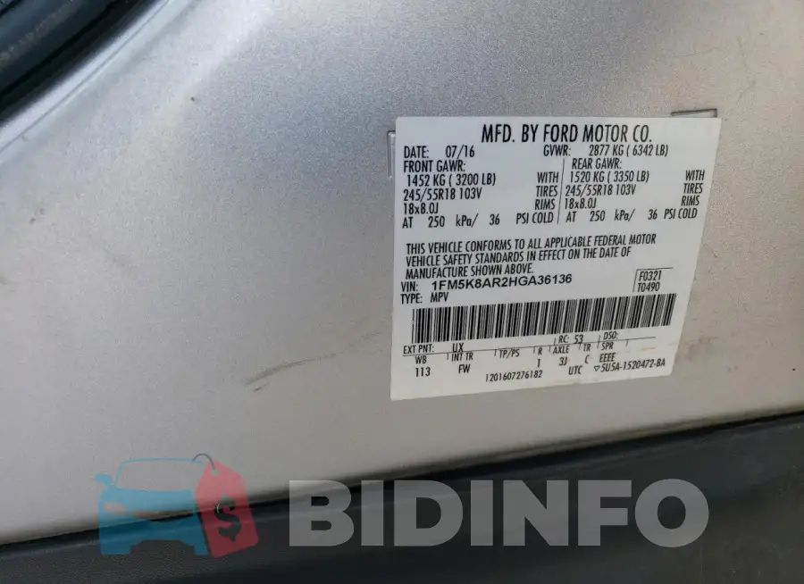 1FM5K8AR2HGA36136 Photo# 12