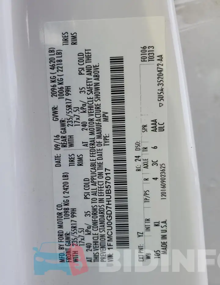 1FMCU0GD7HUB57017 Photo# 13