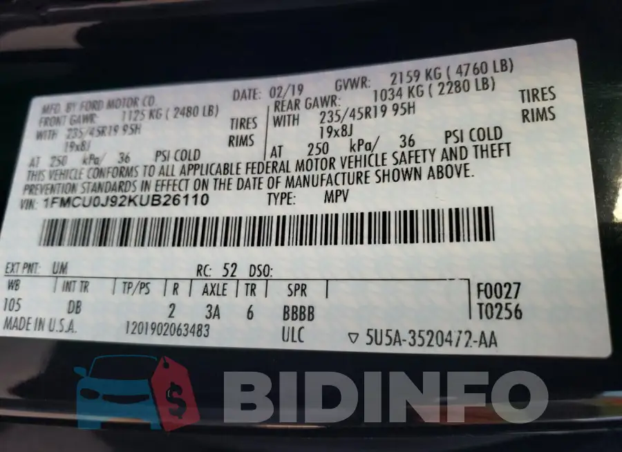 1FMCU0J92KUB26110 Photo# 13