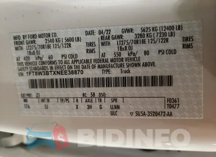 1FT8W3BTXNEE38870 Photo# 12