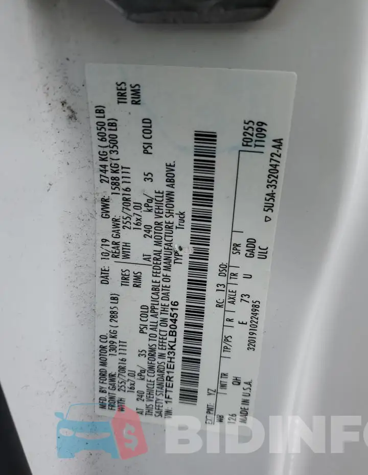 1FTER1EH3KLB04516 Photo# 12