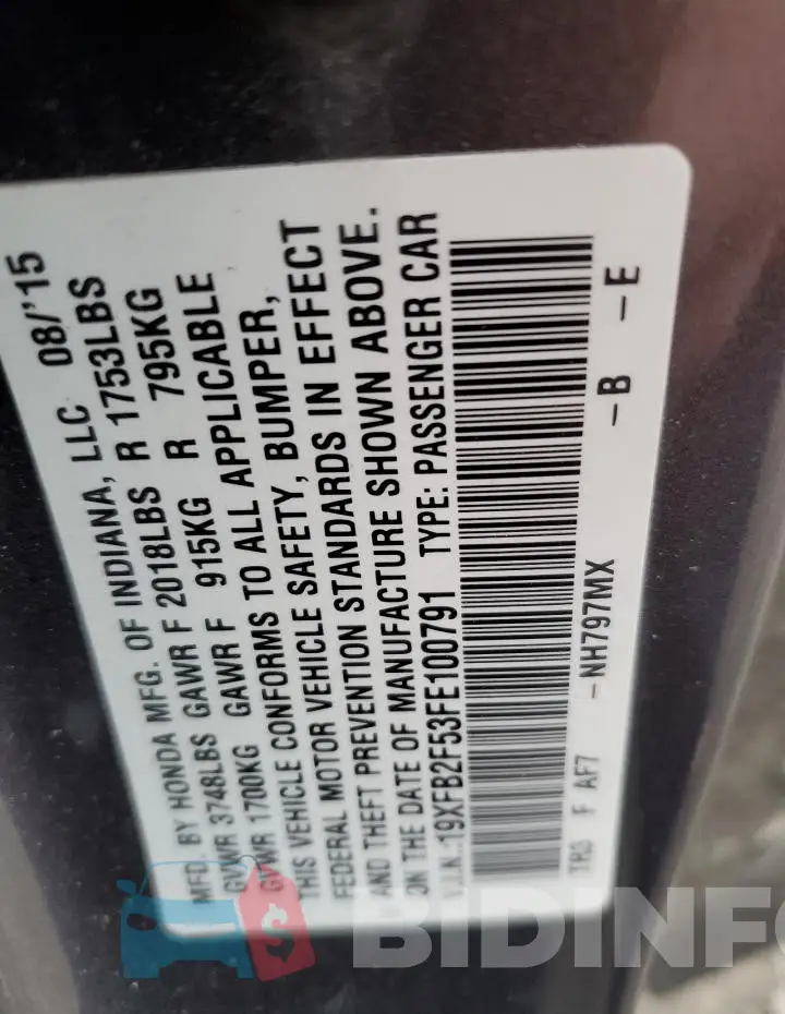 19XFB2F53FE100791 Photo# 13