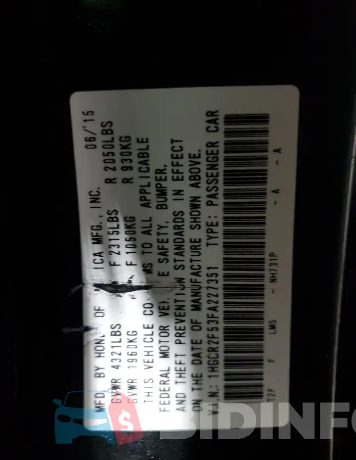 1HGCR2F53FA227351 Photo# 12