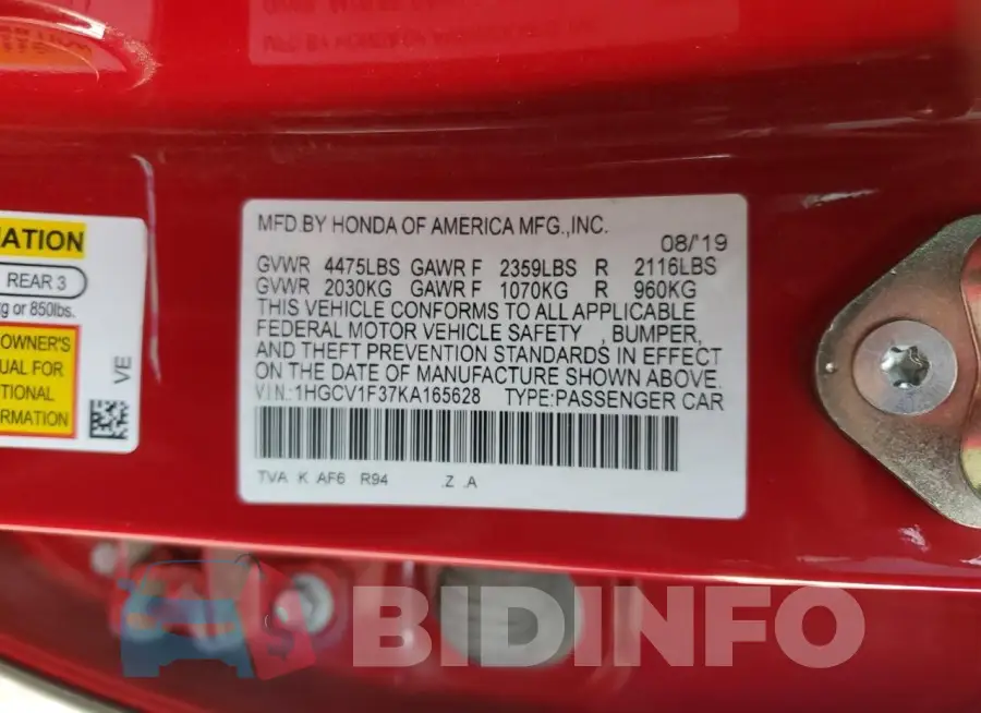 1HGCV1F37KA165628 Photo# 12