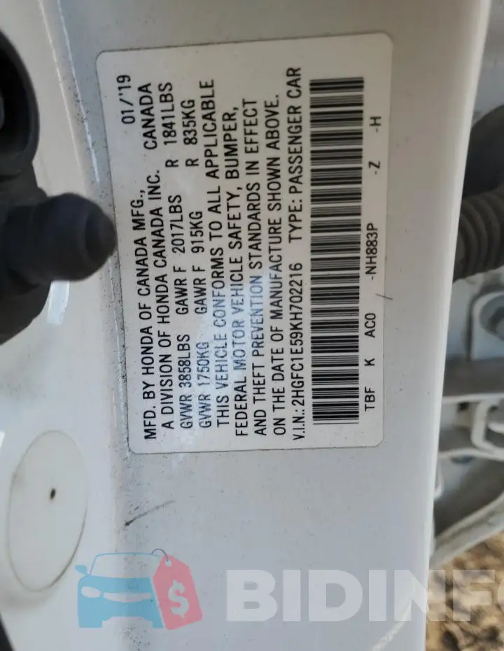 2HGFC1E59KH702216 Photo# 12