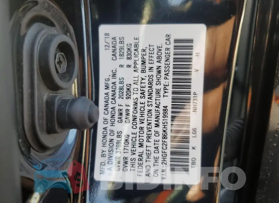 2HGFC2F86KH519984 Photo# 12