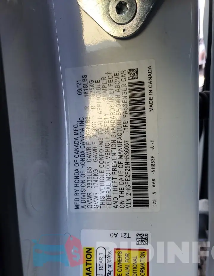 2HGFE2F25NH536057 Photo# 13