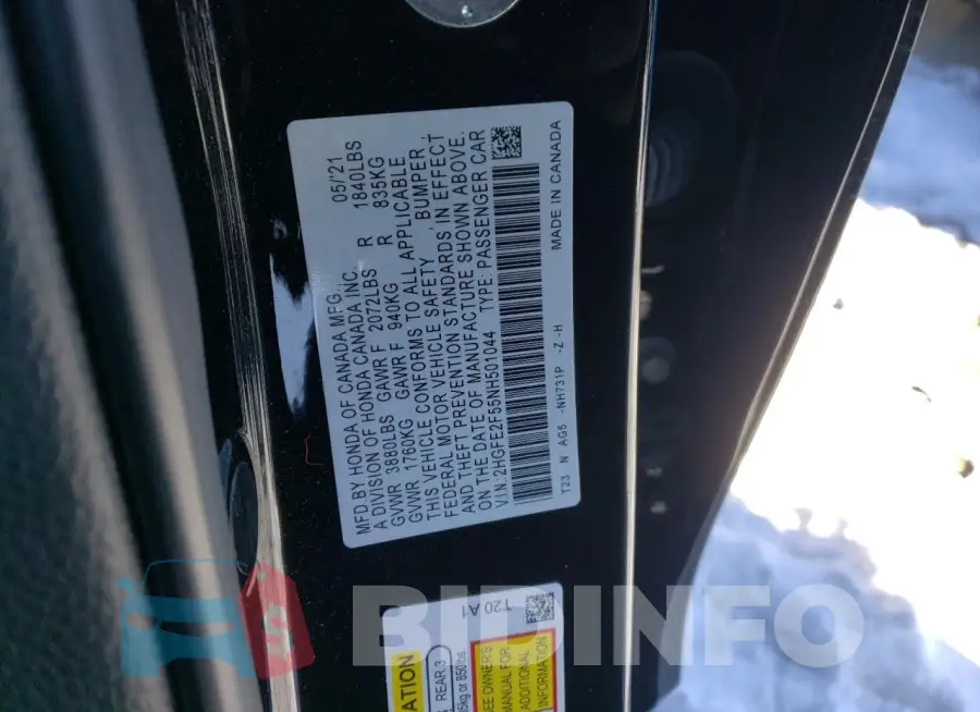 2HGFE2F55NH501044 Photo# 13