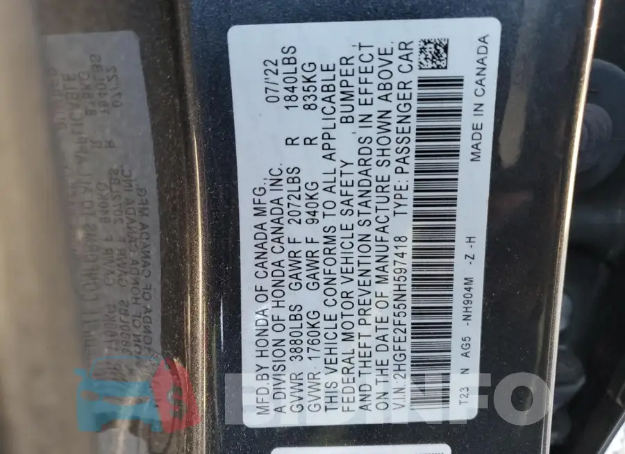 2HGFE2F55NH597418 Photo# 12
