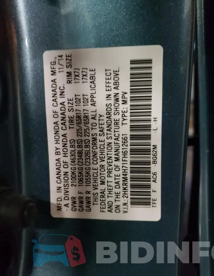 2HKRM4H71FH612661 Photo# 13