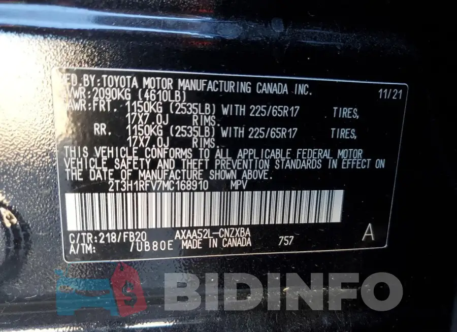 2T3H1RFV7MC168910 Photo# 14