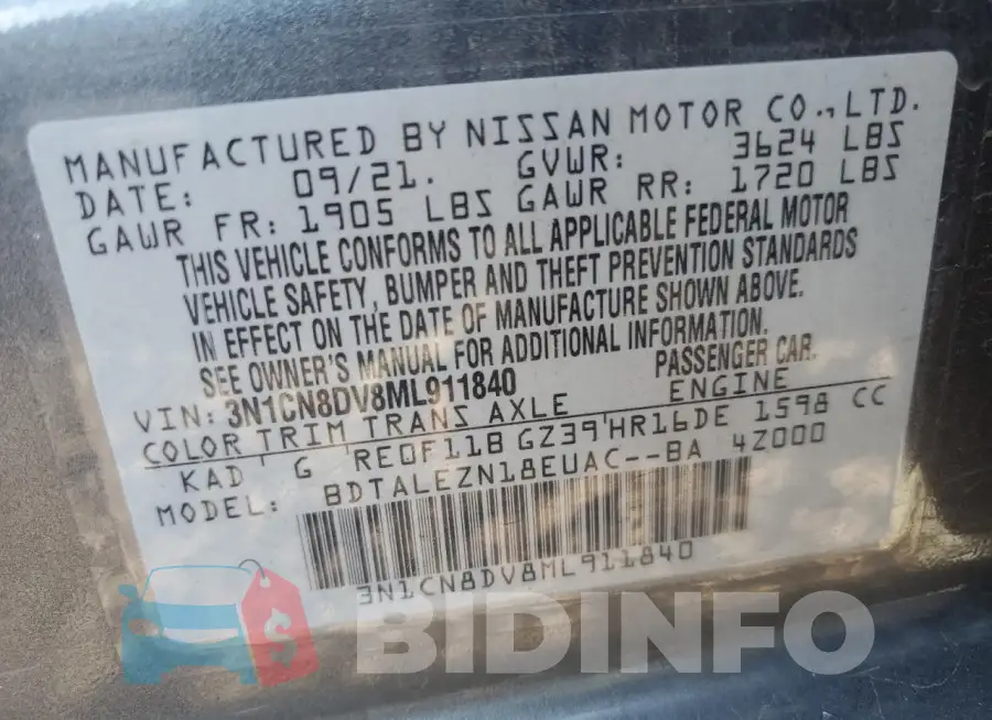 3N1CN8DV8ML911840 Photo# 12