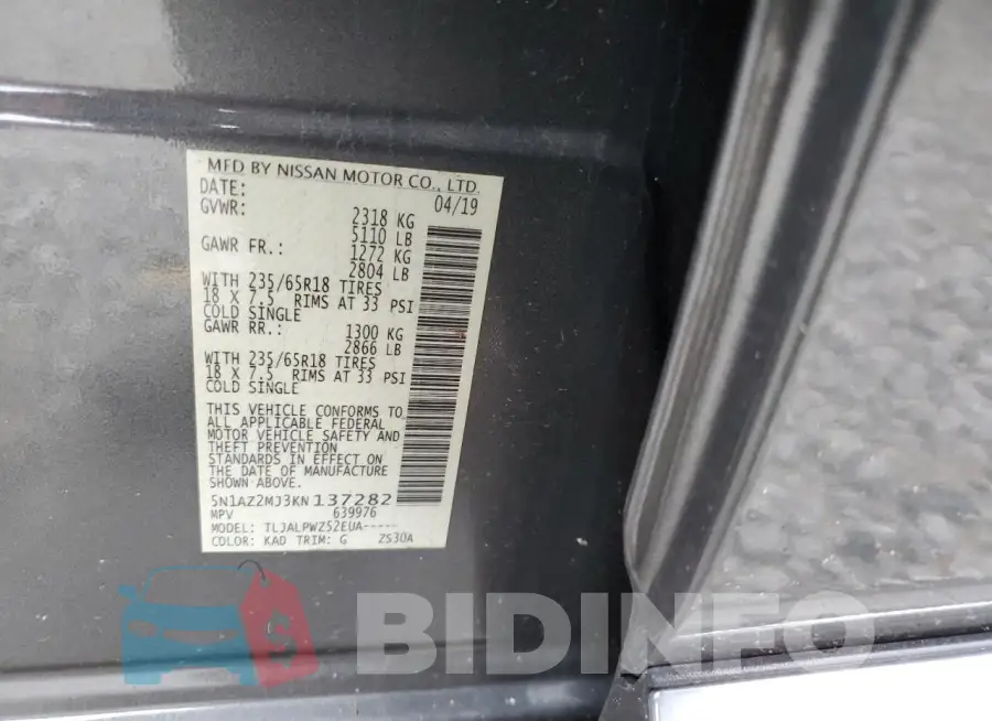 5N1AZ2MJ3KN137282 Photo# 13
