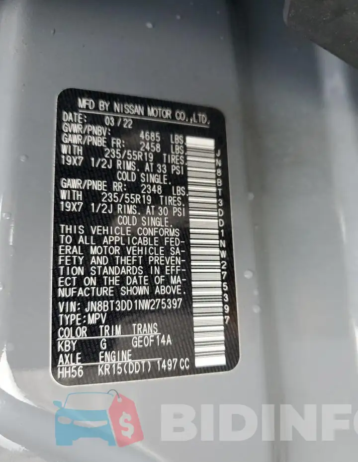 JN8BT3DD1NW275397 Photo# 12