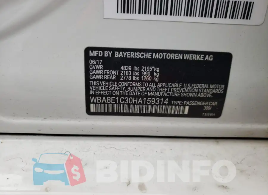 WBA8E1C30HA159314 Photo# 12