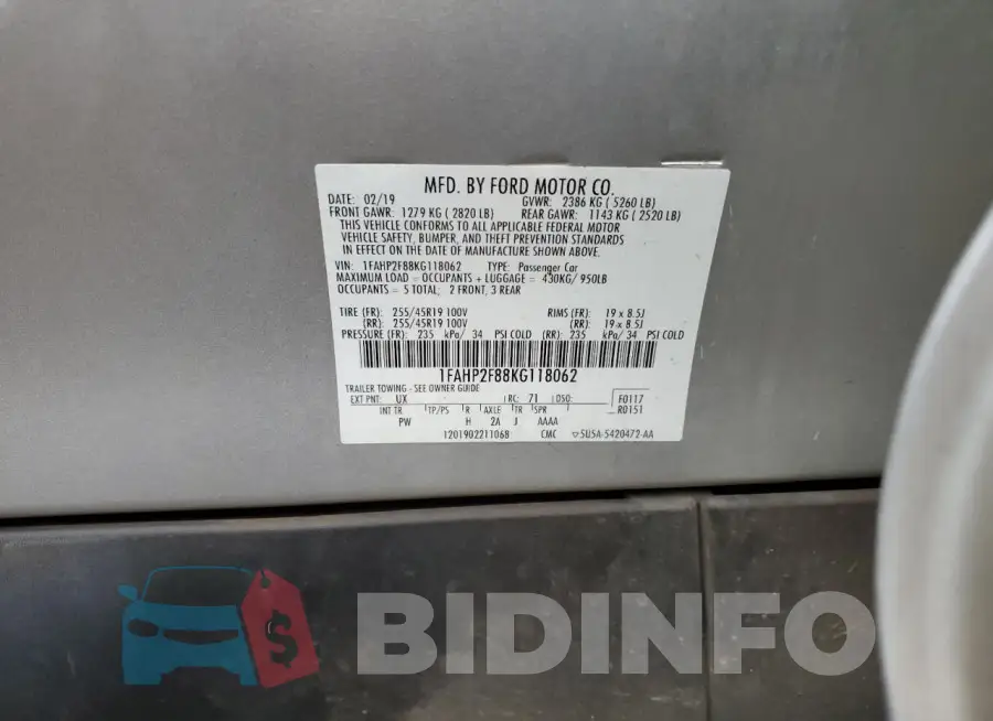 1FAHP2F88KG118062 Photo# 13