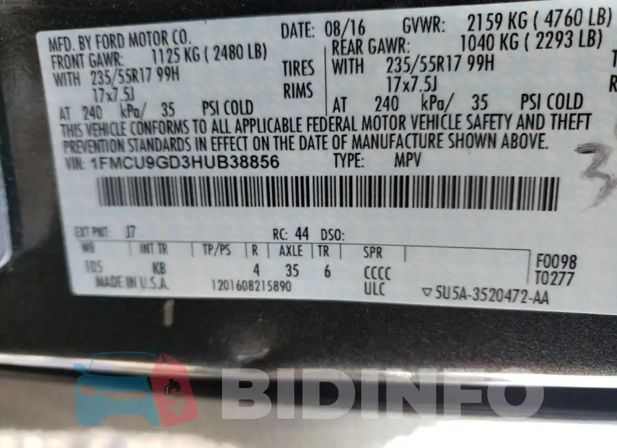 1FMCU9GD3HUB38856 Photo# 14