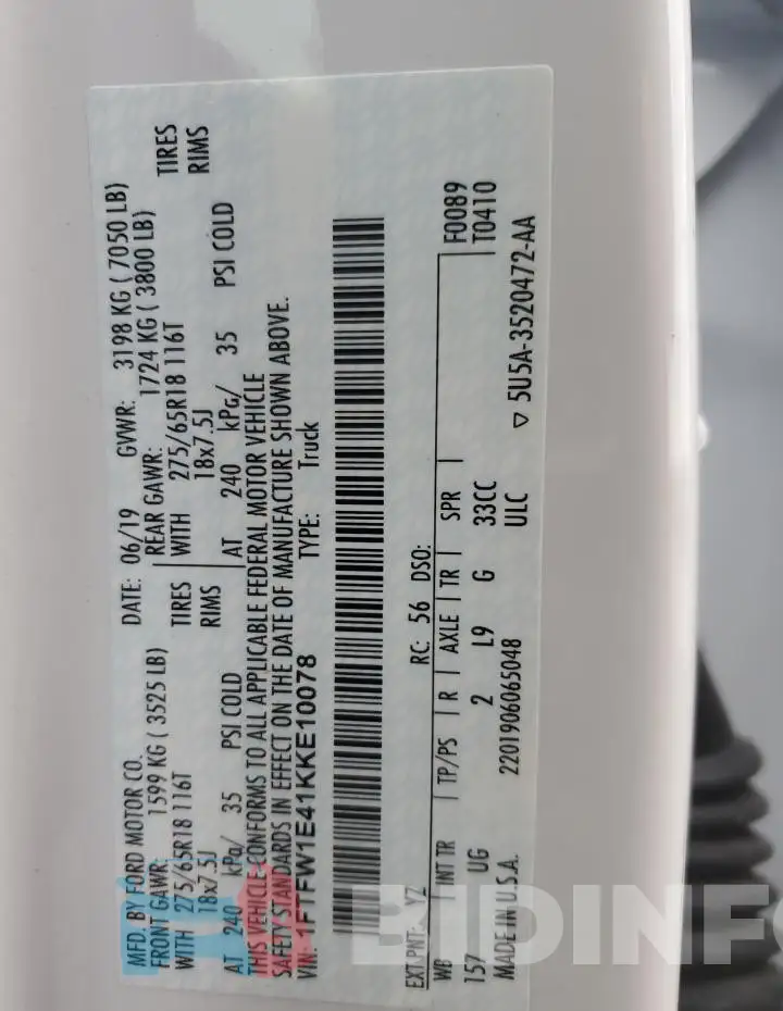 1FTFW1E41KKE10078 Photo# 12