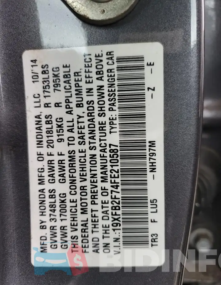 19XFB2F74FE210587 Photo# 12