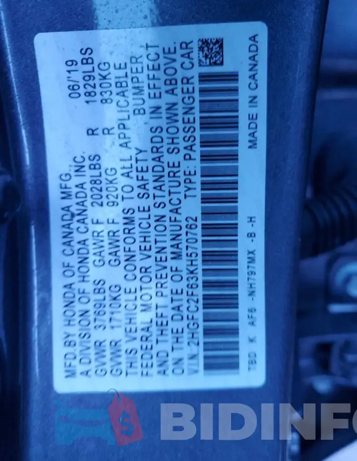 2HGFC2F63KH570762 Photo# 12