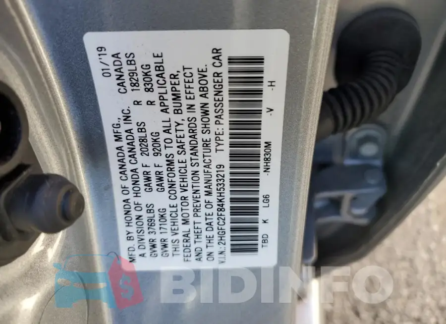 2HGFC2F84KH533219 Photo# 12