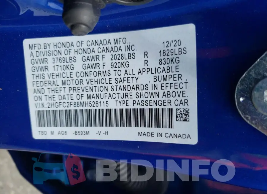 2HGFC2F88MH526115 Photo# 12