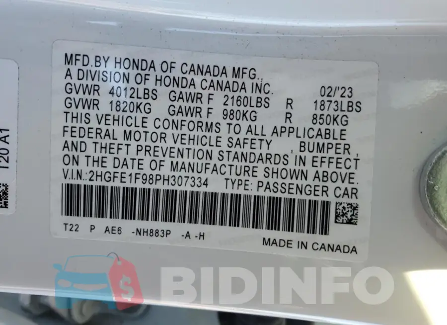 2HGFE1F98PH307334 Photo# 12