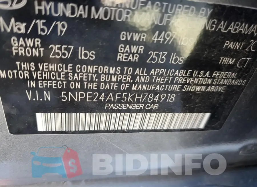 5NPE24AF5KH784918 Photo# 13