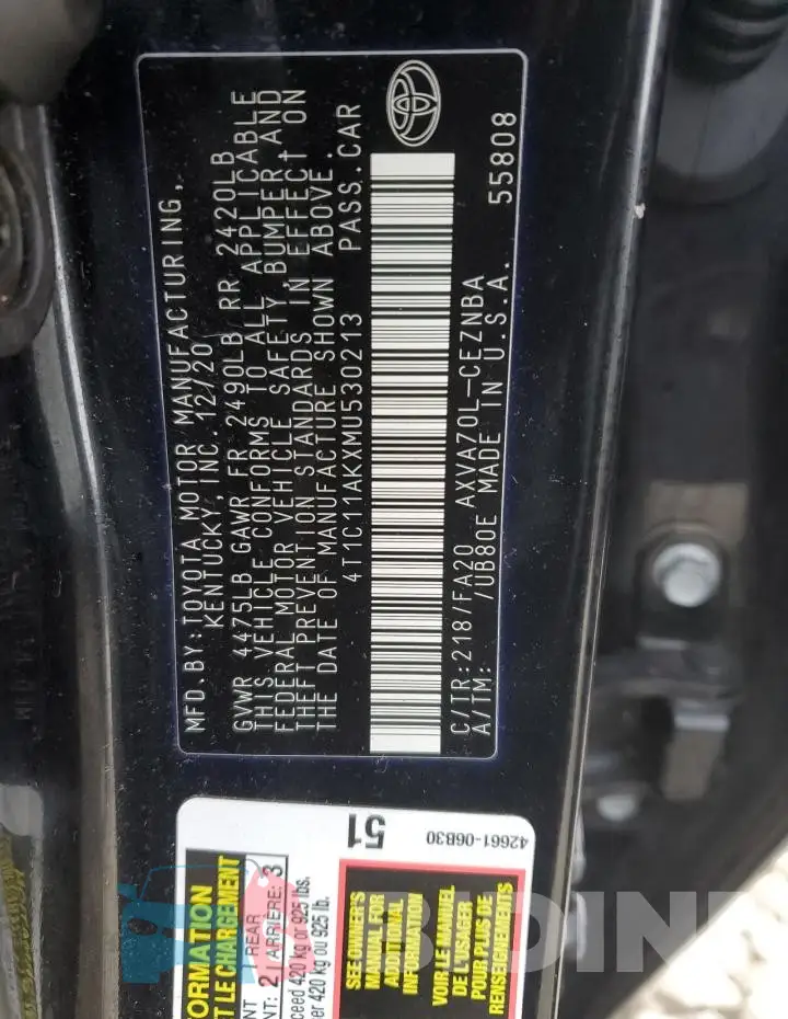 4T1C11AKXMU530213 Photo# 12