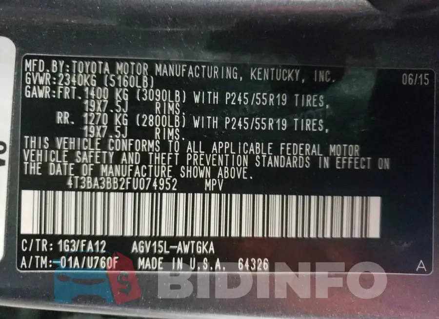 4T3BA3BB2FU074952 Photo# 12