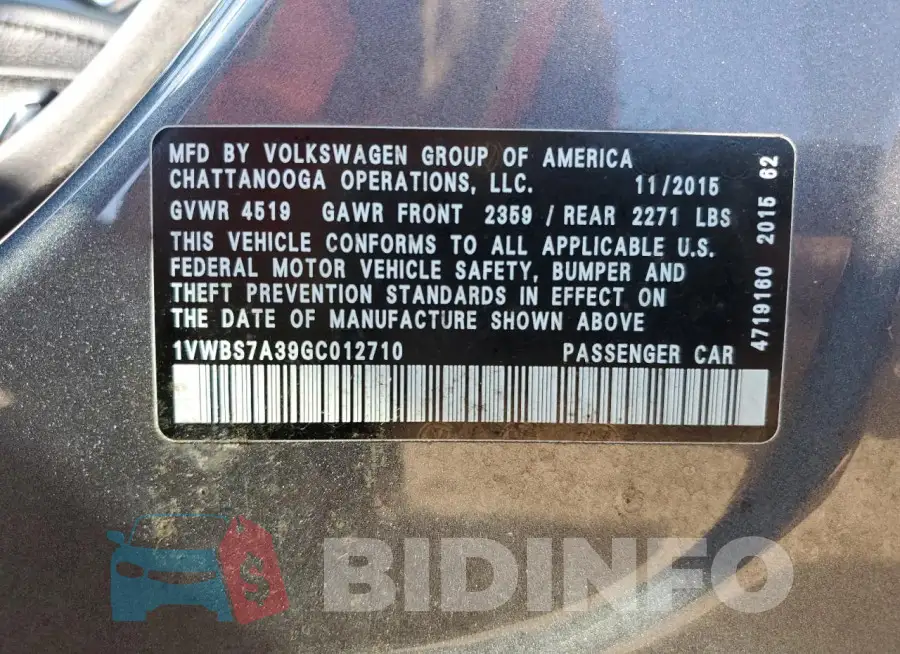 1VWBS7A39GC012710 Photo# 12