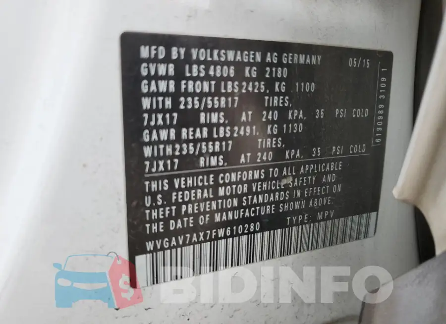 WVGAV7AX7FW610280 Photo# 12