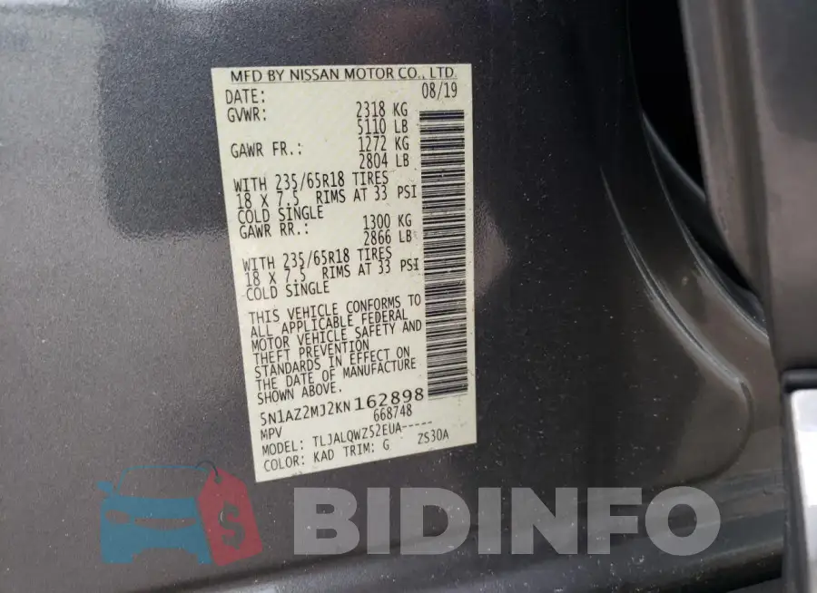 5N1AZ2MJ2KN162898 Photo# 13