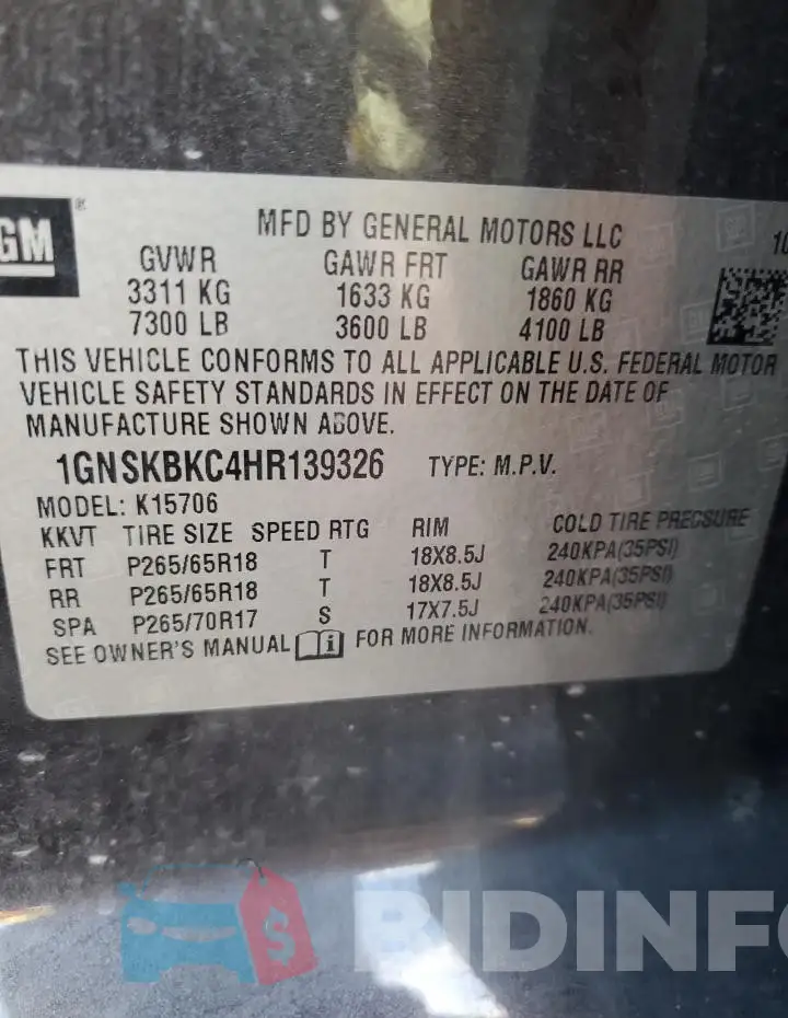 1GNSKBKC4HR139326 Photo# 13