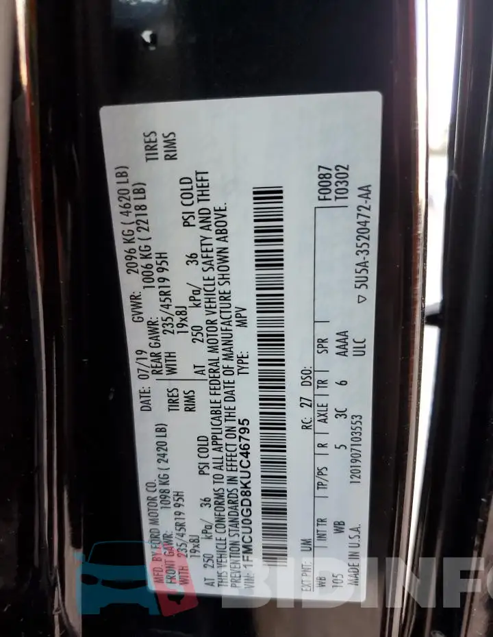 1FMCU0GD8KUC46795 Photo# 12