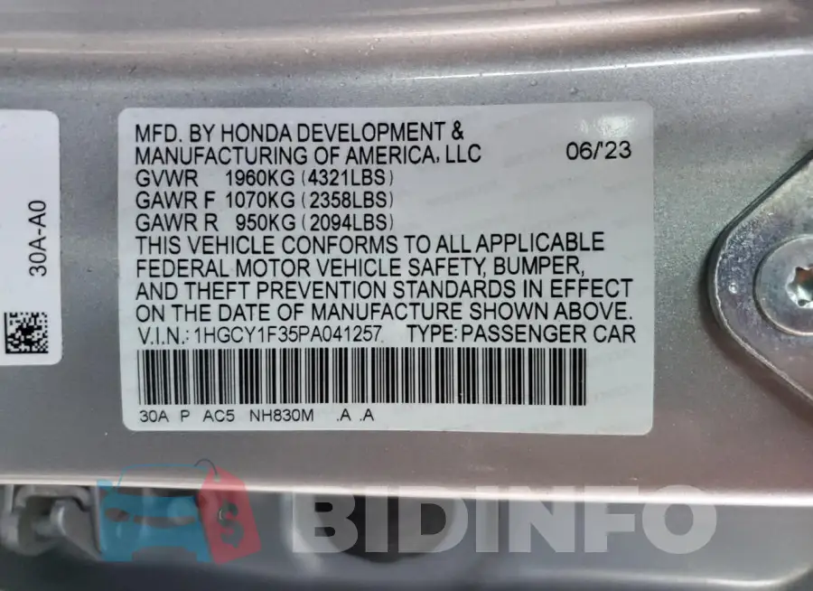 1HGCY1F35PA041257 Photo# 12