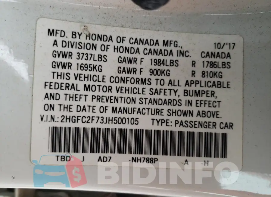 2HGFC2F73JH500105 Photo# 12