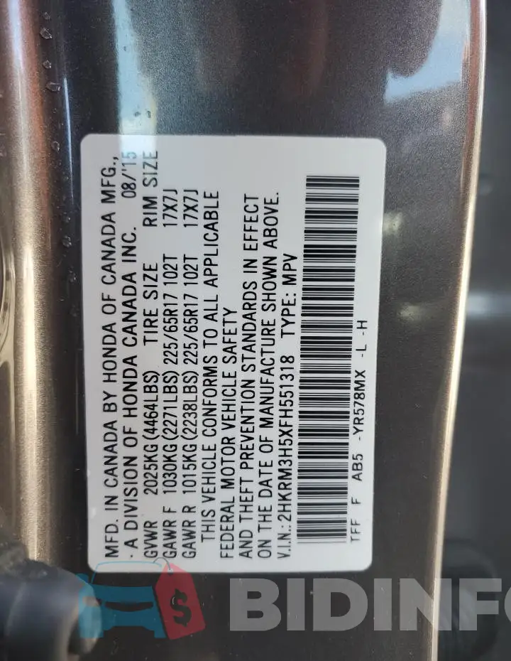 2HKRM3H5XFH551318 Photo# 12