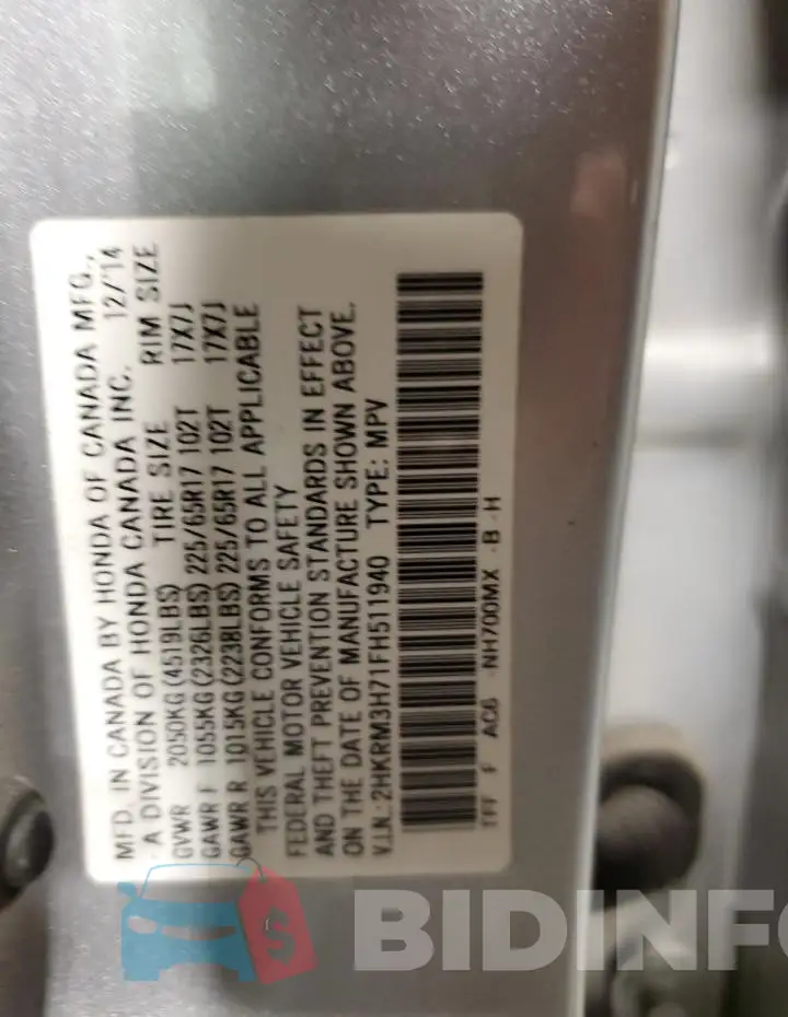 2HKRM3H71FH511940 Photo# 12