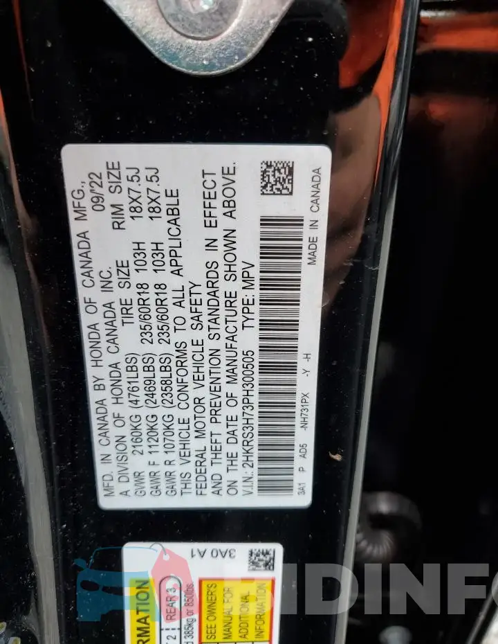 2HKRS3H73PH300505 Photo# 13