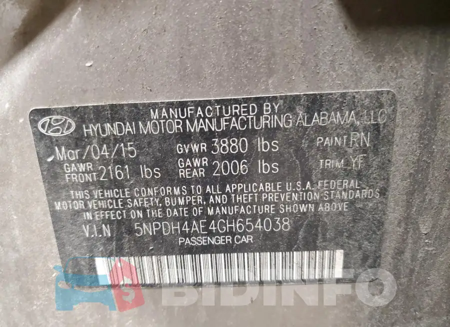 5NPDH4AE4GH654038 Photo# 12