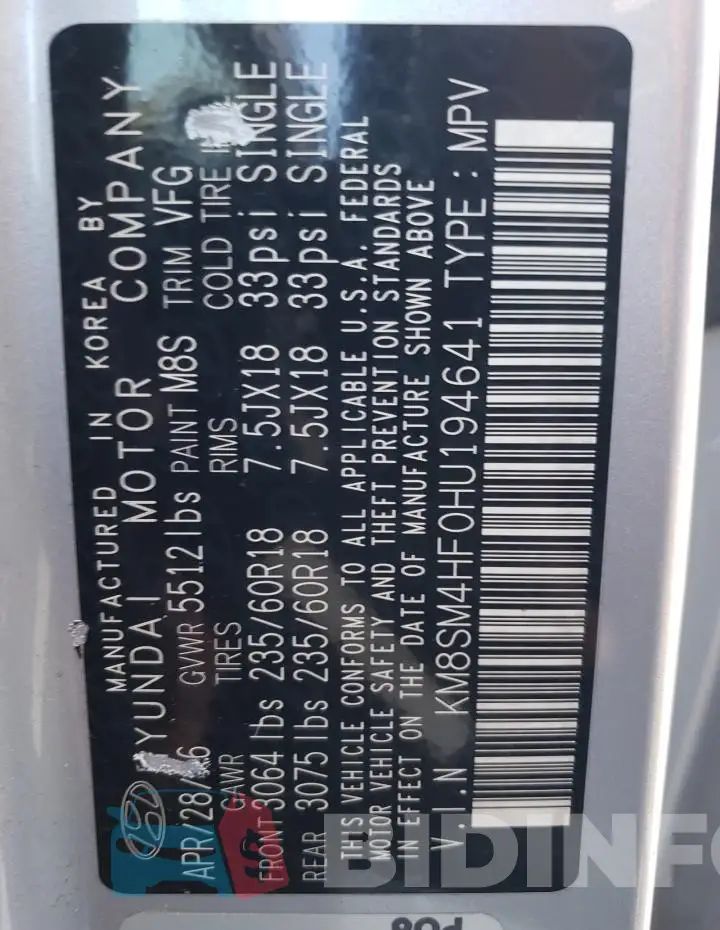 KM8SM4HF0HU194641 Photo# 12
